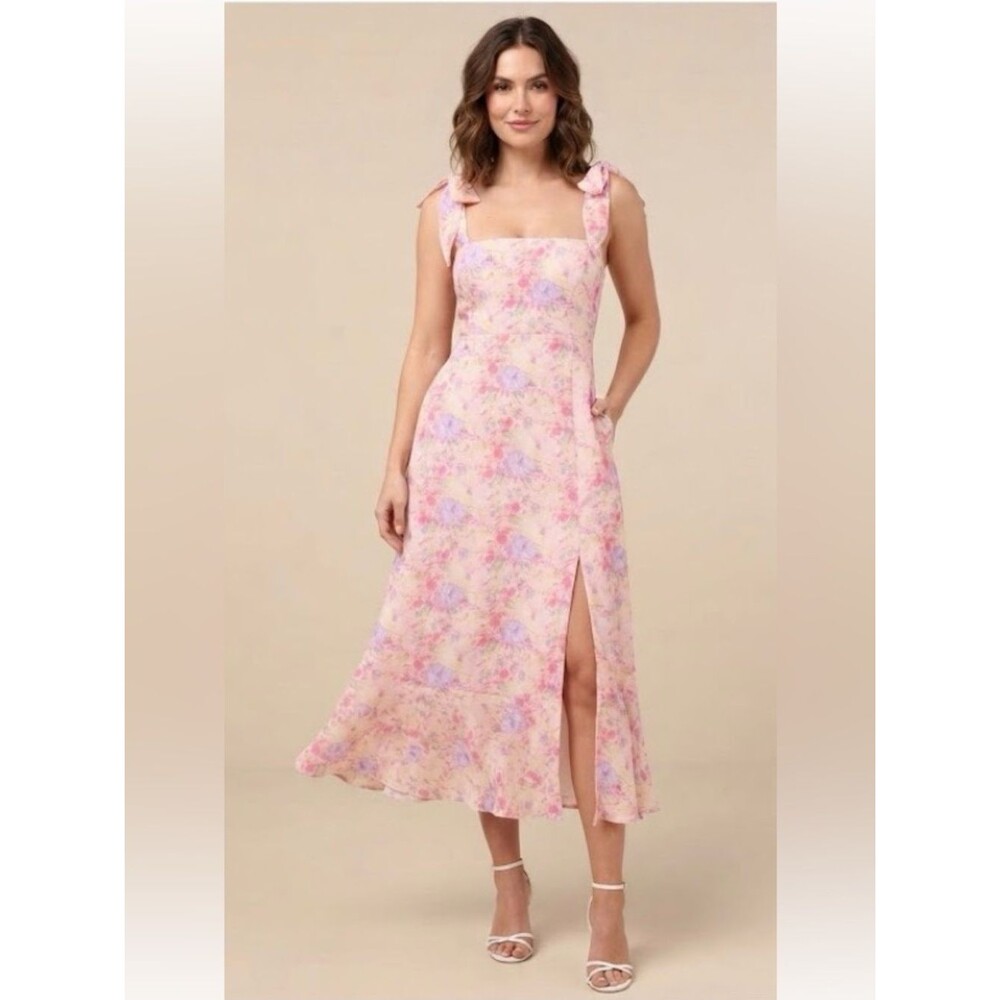 Lulus Summer Invite XXL NWT Pink Multi Floral Tie-Strap Tiered Midi Dress